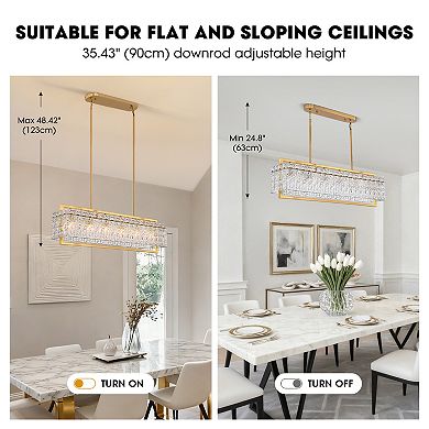 Moooni 41" Modern 6-Light Gold Rectangle Crystal Chandelier Adjustable Height for Kitchen No Bulbs