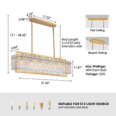 Moooni 41" Modern 6-Light Gold Rectangle Crystal Chandelier Adjustable Height for Kitchen No Bulbs