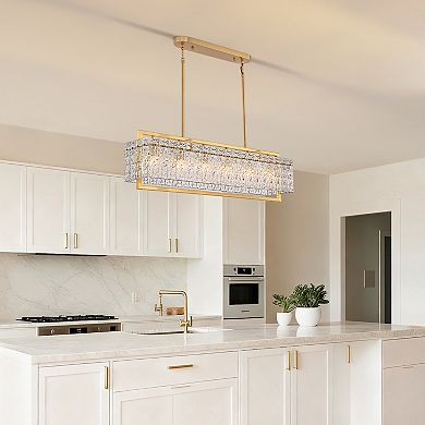 Moooni 41" Modern 6-Light Gold Rectangle Crystal Chandelier Adjustable Height for Kitchen No Bulbs