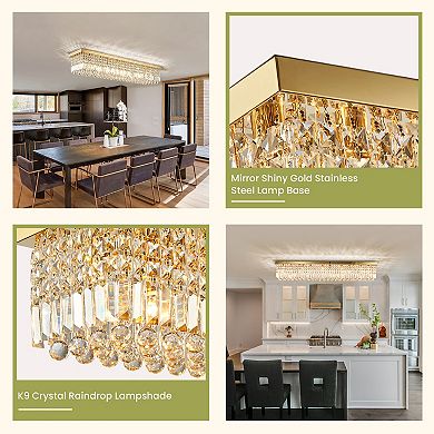 Moooni 47" Modern 10-Light Gold Rectangle K9 Crystal Chandelier Dimmable for Dining Room (No Bulbs)