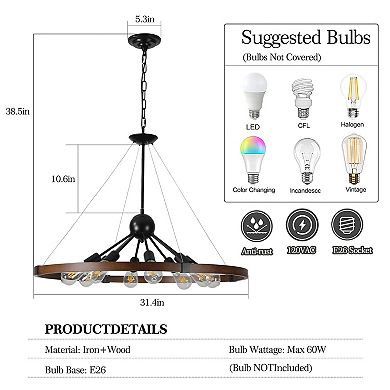 ELEMENT ACE Rustic Industrial Farmhouse Eight-Light Adjustable Chain Chandelier Lighting Fixture