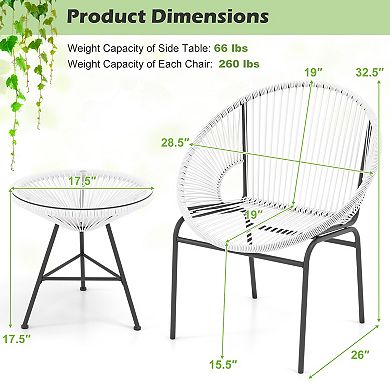 3 Piece Patio Bistro Set with Acapulco Chairs and Glass Table