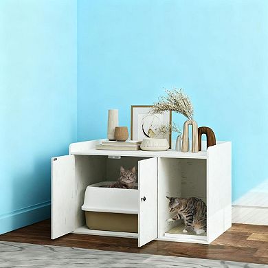 ELEMENT ACE Multifunctional Cat Litter Box Enclosure Cabinet with Scratching Mat and Privacy Door