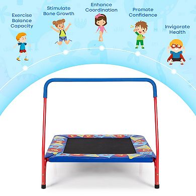 Kids Trampoline with Safety Handle and Educational Cover for Indoor or Outdoor Use