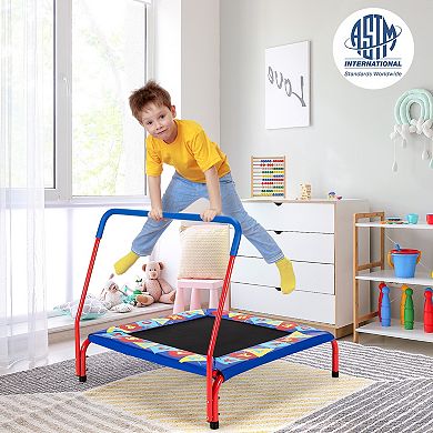 Kids Trampoline with Safety Handle and Educational Cover for Indoor or Outdoor Use