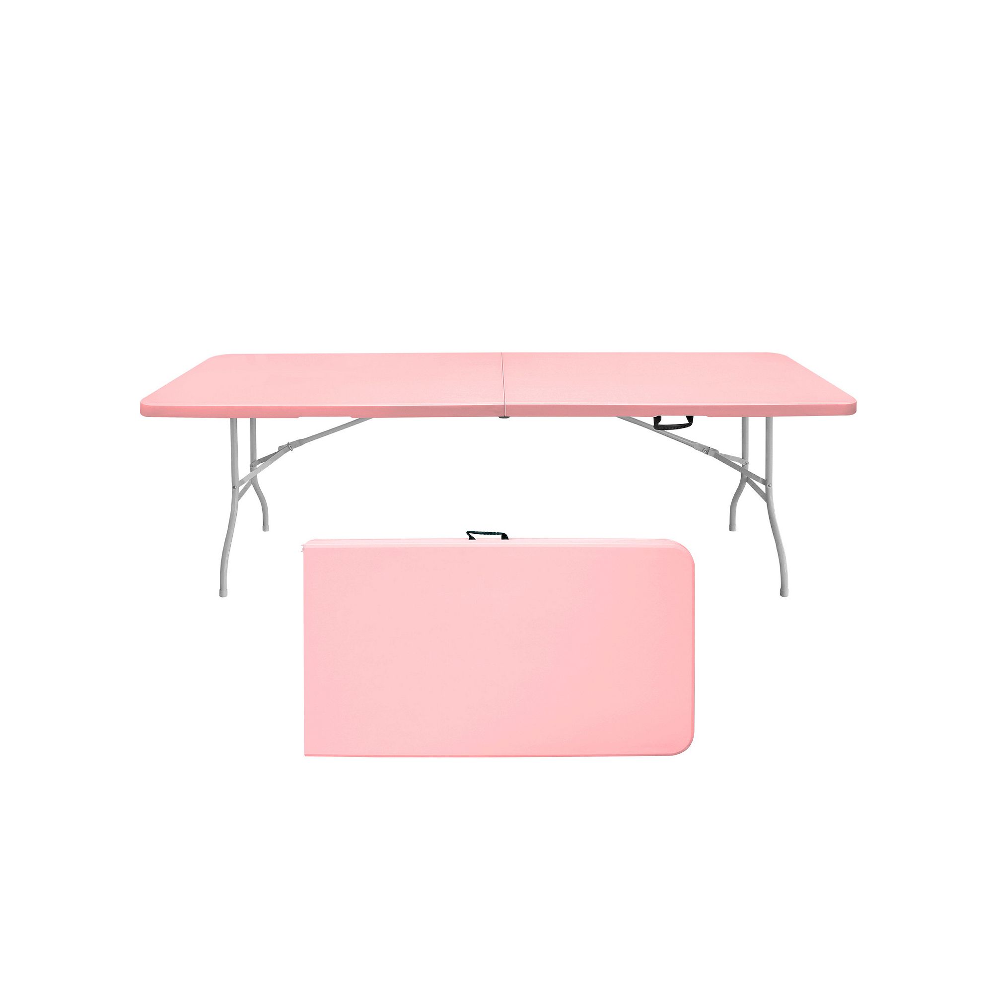 Pink portable folding table folded and unfolded with carry handle