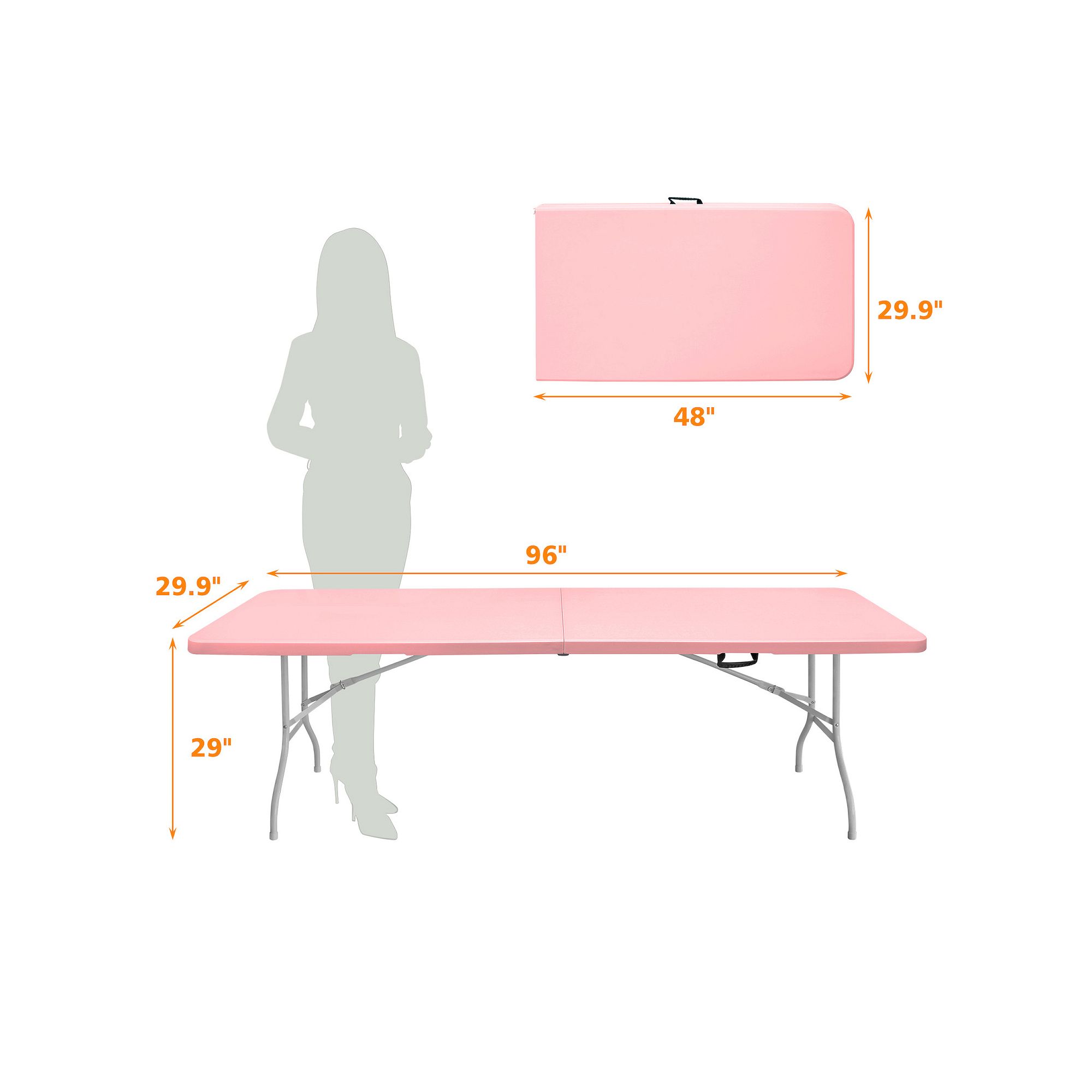 Diagram showing pink foldable table dimensions: 96 inches long, 29.9 inches wide, 29.9 inches tall when set up