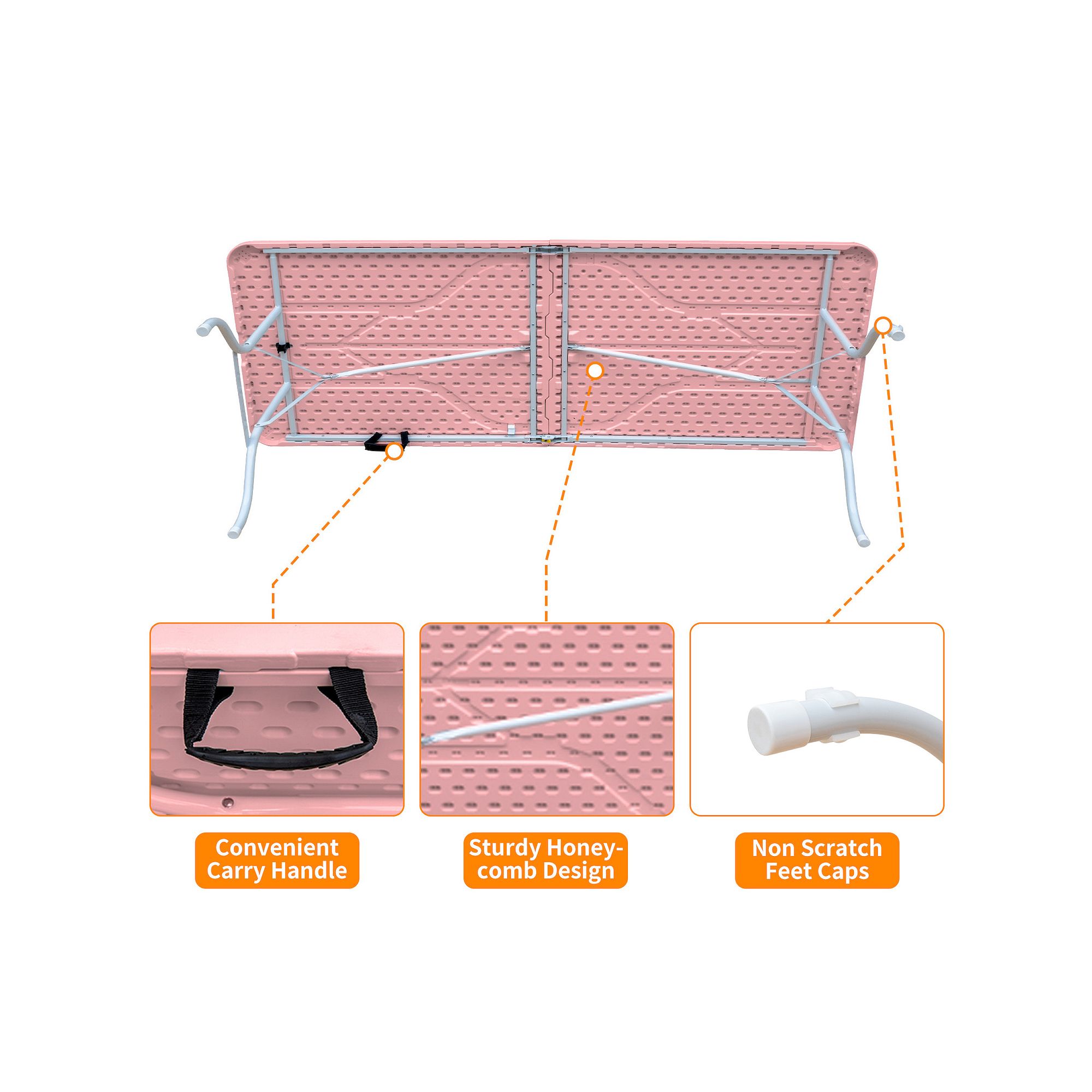 Back view of pink folding table showing shaded honeycomb design and accessories like storage hooks and feet caps