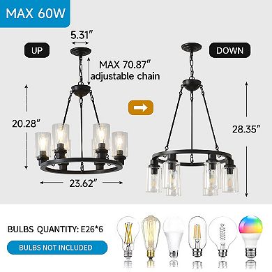 ELEMENT ACE Six-Light Farmhouse Wagon Wheel Style Ceiling Light Fixture with Seeded Glass Shades