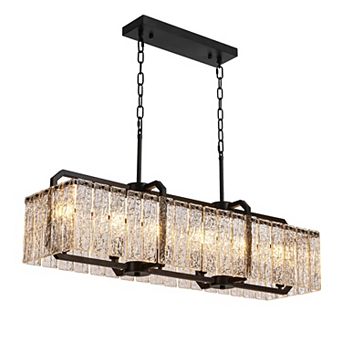 Moooni L40'' Rectangle Black Crystal Chandeliers for Dining Room,Water Ripple Glass Pendant Light
