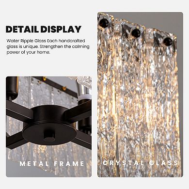 Moooni L40'' Rectangle Black Crystal Chandeliers for Dining Room,Water Ripple Glass Pendant Light