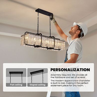 Moooni L40'' Rectangle Black Crystal Chandeliers for Dining Room,Water Ripple Glass Pendant Light