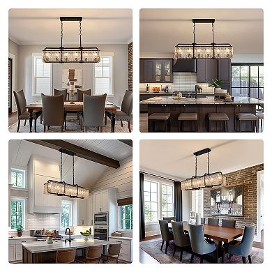 Moooni L40'' Rectangle Black Crystal Chandeliers for Dining Room,Water Ripple Glass Pendant Light