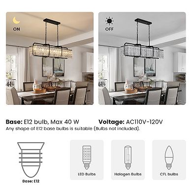 Moooni L40'' Rectangle Black Crystal Chandeliers for Dining Room,Water Ripple Glass Pendant Light