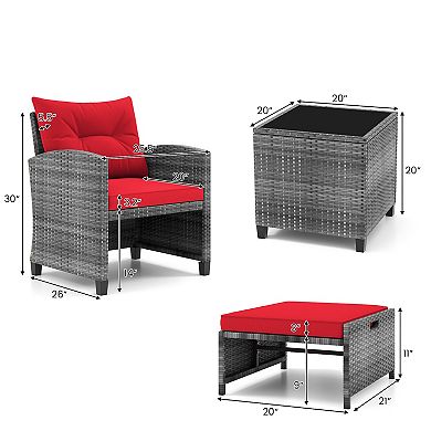 5 Piece Patio Rattan Furniture Set with 2 Ottomans and Tempered Glass Coffee Table