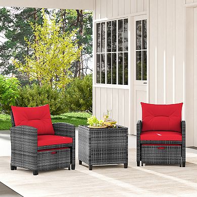 5 Piece Patio Rattan Furniture Set with 2 Ottomans and Tempered Glass Coffee Table