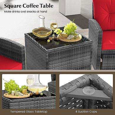 5 Piece Patio Rattan Furniture Set with 2 Ottomans and Tempered Glass Coffee Table