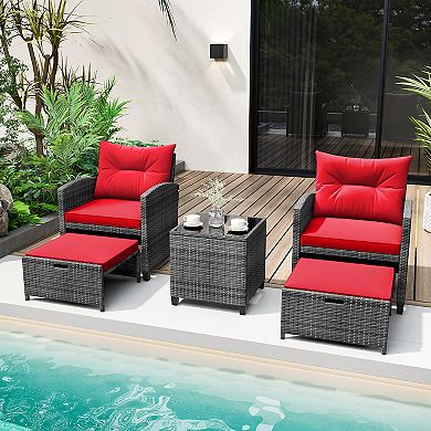 5 Piece Patio Rattan Furniture Set with 2 Ottomans and Tempered Glass Coffee Table