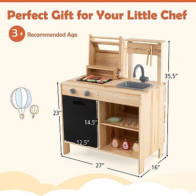 Wooden BBQ Grill Playset for Kids with Chalkboard Sink and Cabinet