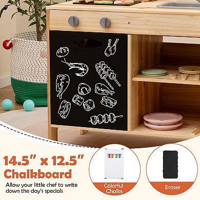 Wooden BBQ Grill Playset for Kids with Chalkboard Sink and Cabinet