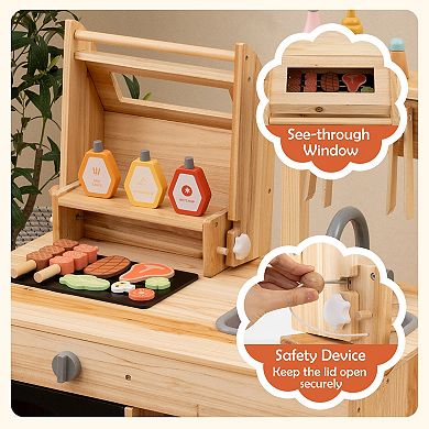 Wooden BBQ Grill Playset for Kids with Chalkboard Sink and Cabinet