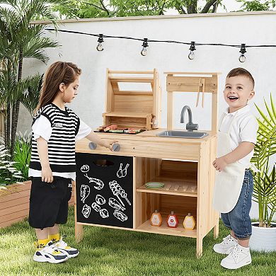 Wooden BBQ Grill Playset for Kids with Chalkboard Sink and Cabinet