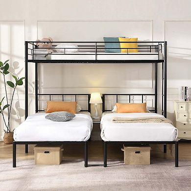 Triple Metal Bunk Bed Full Over Twin Over Twin with Ladder and Safety Rail