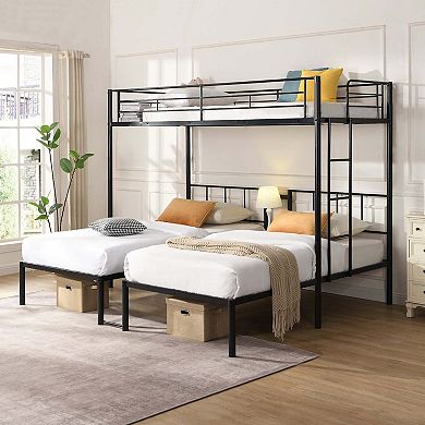 Triple Metal Bunk Bed Full Over Twin Over Twin with Ladder and Safety Rail