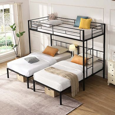 Triple Metal Bunk Bed Full Over Twin Over Twin with Ladder and Safety Rail