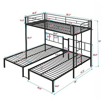 Triple Metal Bunk Bed Full Over Twin Over Twin with Ladder and Safety Rail