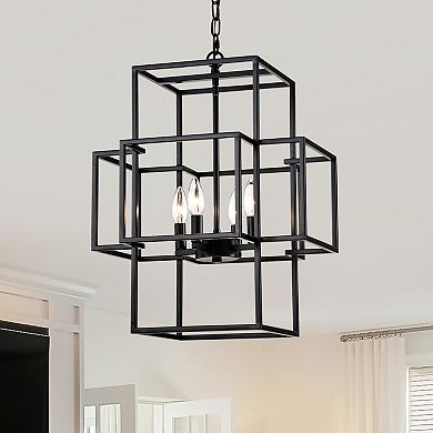 ELEMENT ACE 4-Light Tiered Metal Lantern Pendant Industrial Farmhouse Adjustable Chandelier