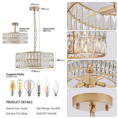 ELEMENT ACE Modern Crystal Drum Chandelier with Gold Metal Frame, Six-Light Pendant Fixture