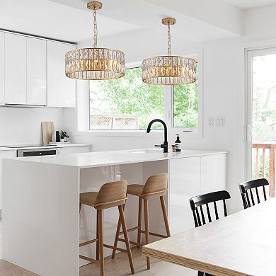 ELEMENT ACE Modern Crystal Drum Chandelier with Gold Metal Frame, Six-Light Pendant Fixture