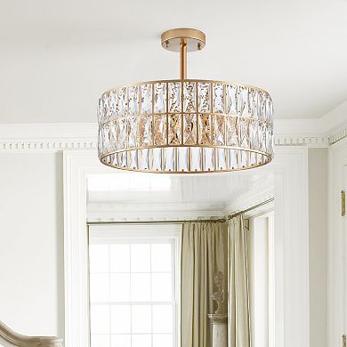 ELEMENT ACE Modern Crystal Drum Chandelier with Gold Metal Frame, Six-Light Pendant Fixture