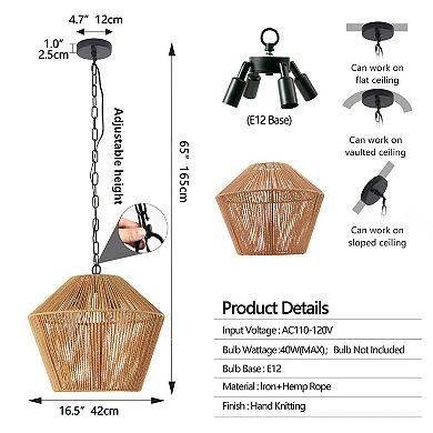 ELEMENT ACE Handcrafted Hemp Rope Pendant Light Fixture Adjustable Farmhouse Style