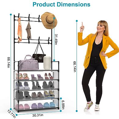 Entryway Hall Tree with 5 Shelves & 8 Hooks Shoe & Coat Rack