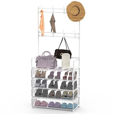 Entryway Hall Tree with 5 Shelves & 8 Hooks Shoe & Coat Rack