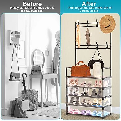Entryway Hall Tree with 5 Shelves & 8 Hooks Shoe & Coat Rack