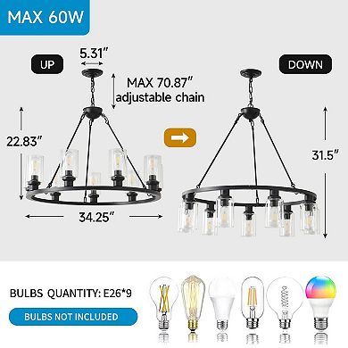 ELEMENT ACE 9-Light Farmhouse Rustic Wagon Wheel Chandelier With Adjustable Chain For Dining Room