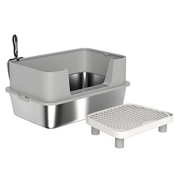 ELEMENT ACE Stainless Steel High-Sided Cat Litter Box with Scoop and Sand Pedal