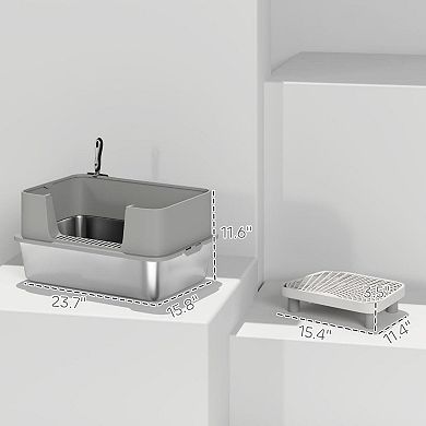 ELEMENT ACE Stainless Steel High-Sided Cat Litter Box with Scoop and Sand Pedal