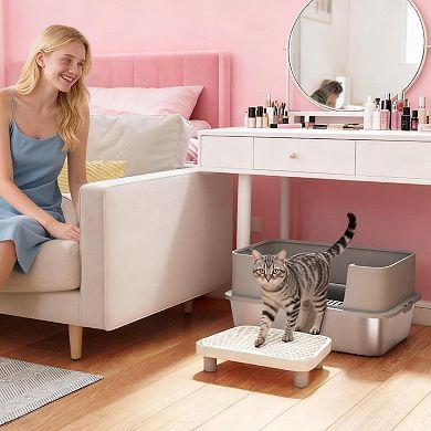 ELEMENT ACE Stainless Steel High-Sided Cat Litter Box with Scoop and Sand Pedal