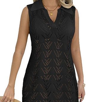 Womens Crochet Swimsuit Coverup Dresses Polo Collar V Neck Beach Bathing Suit Hollow Out Dress