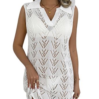 Womens Crochet Swimsuit Coverup Dresses Polo Collar V Neck Beach Bathing Suit Hollow Out Dress