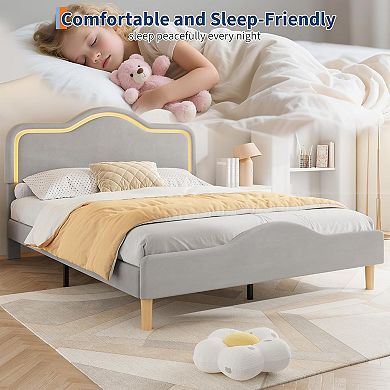 Soft Upholstered LED Bed Frame for Kids- Adjustable LED Headboard & Footboard - Sturdy Wooden Slats