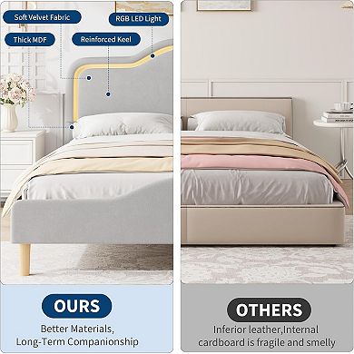 Soft Upholstered LED Bed Frame for Kids- Adjustable LED Headboard & Footboard - Sturdy Wooden Slats