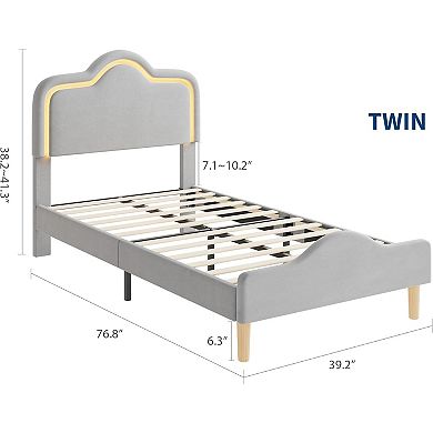 Soft Upholstered LED Bed Frame for Kids- Adjustable LED Headboard & Footboard - Sturdy Wooden Slats