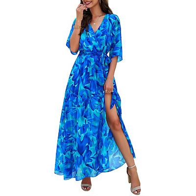 Women's Boho Floral Print Maxi Dress V Neck Half Sleeve High Waist A Line  Chiffon Long Beach Dresses