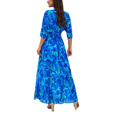 Women's Boho Floral Print Maxi Dress V Neck Half Sleeve High Waist A Line  Chiffon Long Beach Dresses
