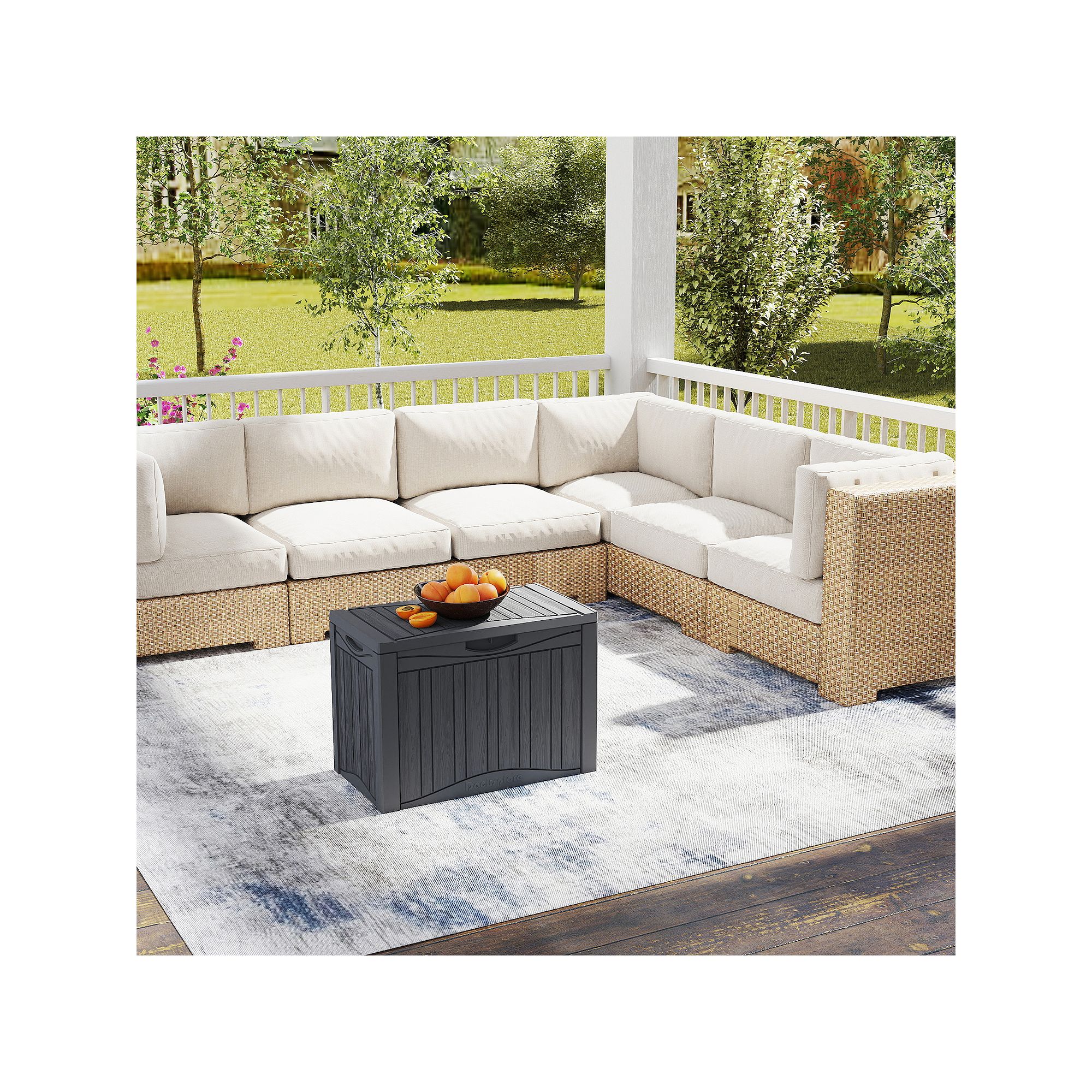 Black resin outdoor storage deck box with ribbed design